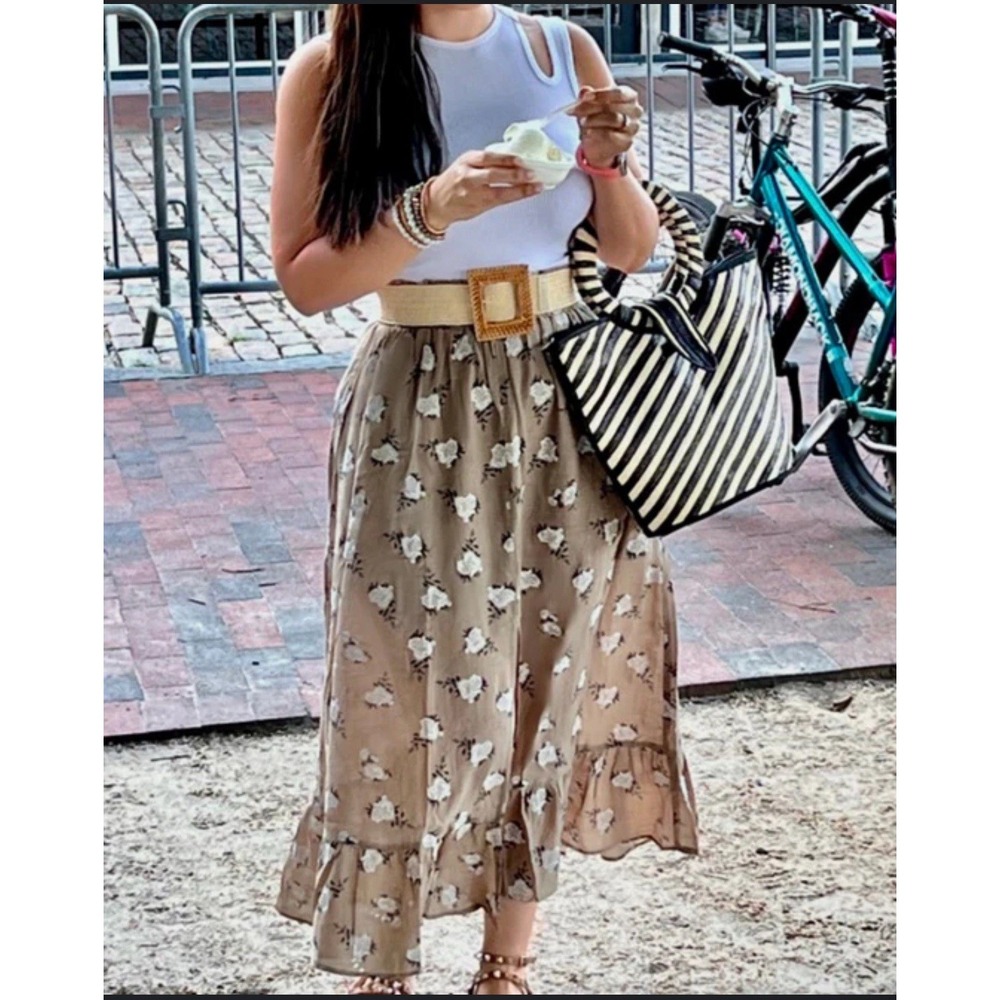 Bibi XL Tan Ivory Green Floral Midi Skirt Cottagecore Prairie Boho Slit Pull On - Picture 2 of 12